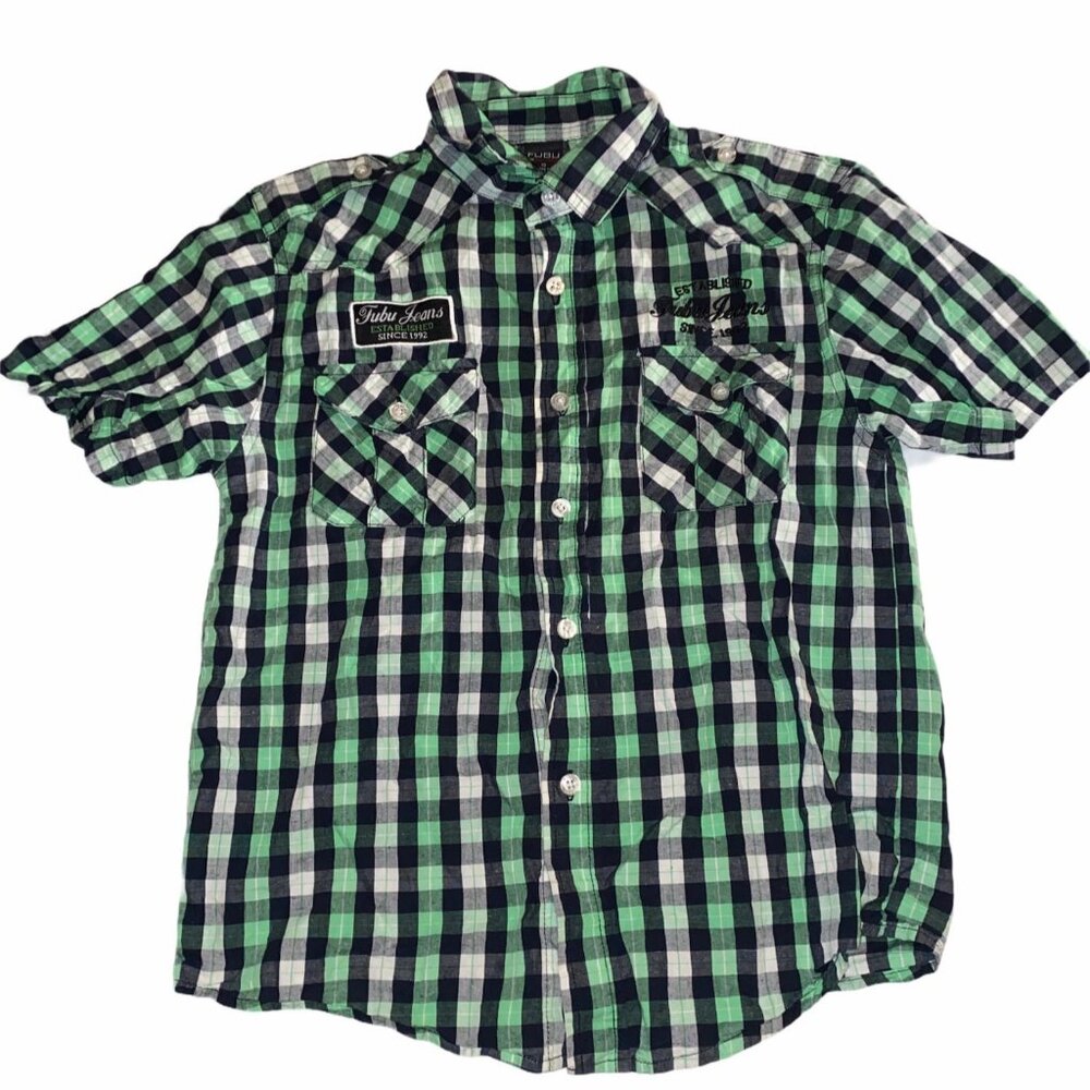 Fubu The Collection Boys Green‎ Checkered Button Up Shirt Size 10 Cotton Casual